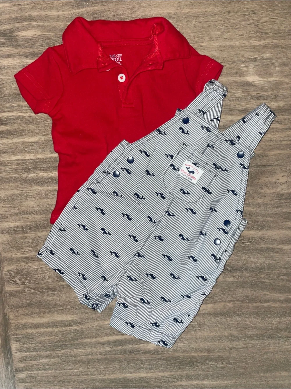 Carter's Red Collared Bodysuit/ Onesie with Navy Whale-Print Stripe Overalls